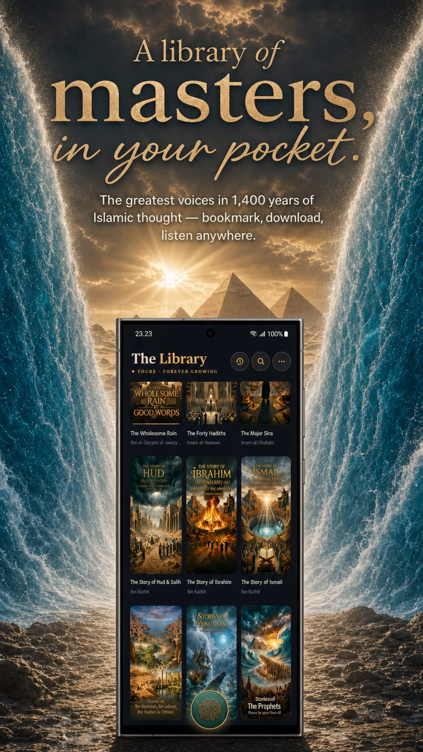 The Joyful Muslims library on Android — rows of classical Islamic audiobooks with cover art, ready to bookmark and download.