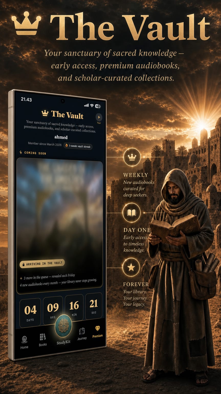 The Vault on Android — a premium space with a countdown to the next Friday release and four new audiobooks arriving every month.